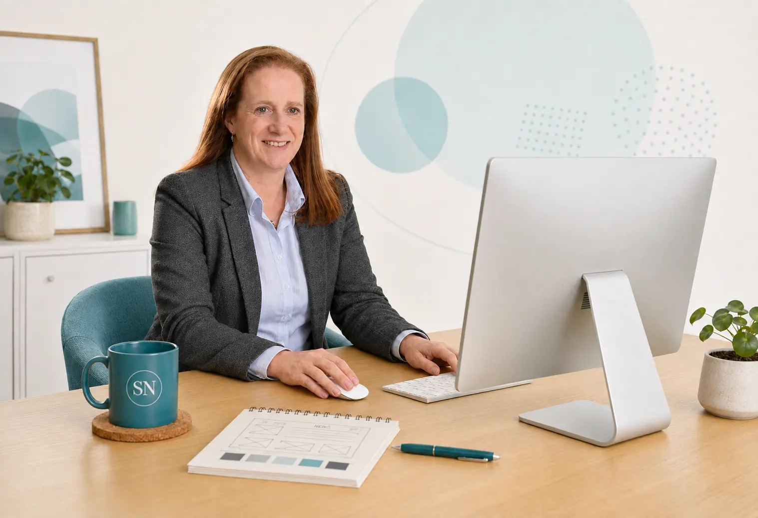Sandy Nash working at a desktop computer on a WordPress website.