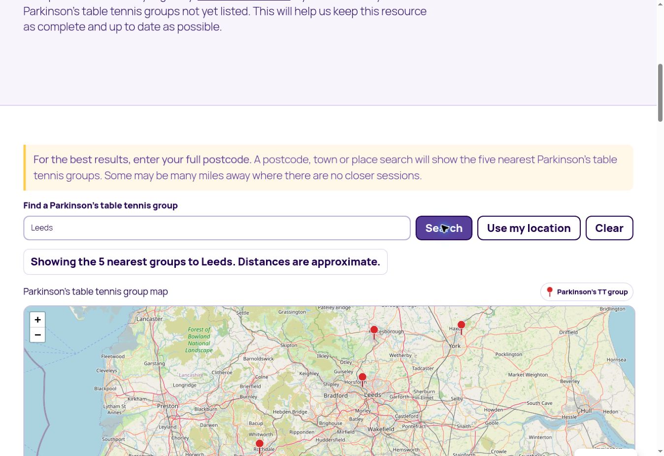 PETT Find a Group showing the five nearest groups to Leeds