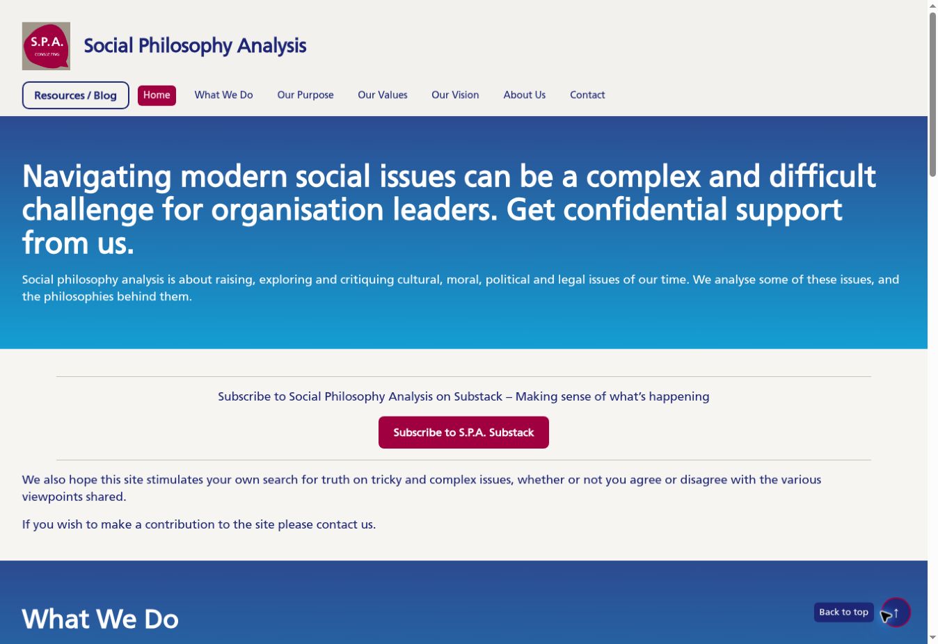 Social Philosophy Analysis homepage after the WordPress block rebuild